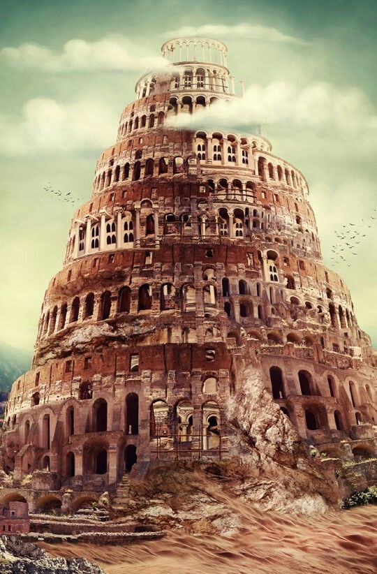 Historical Tower of Babel illustration paired with the skyscraper
